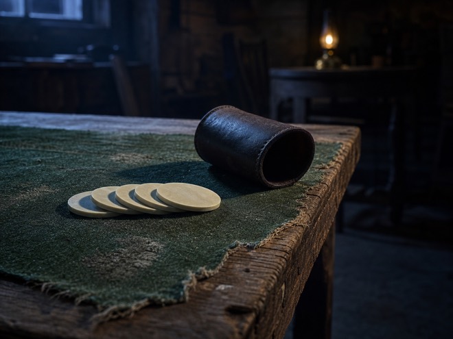 Ecke eines Spieltischs im Saloon: abgewetztes grünes Tuch, gefächerte helle Jetons und ein umgekippter Lederwürfelbecher im blauen Dämmerlicht.
